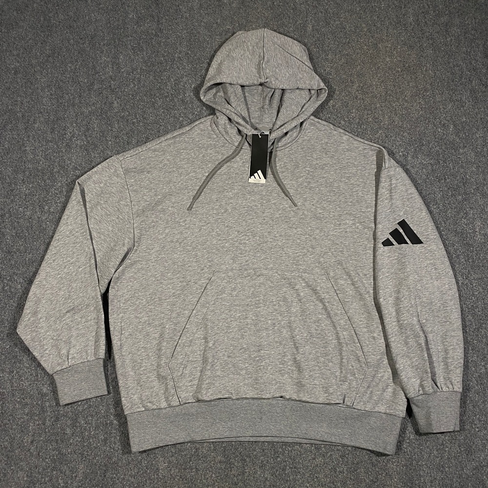 Adidas Essential 3 Bar French Terry Hoodie Adult XL Loose Fit Heather Gray Black